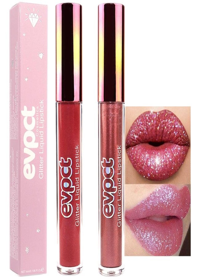 evpct 2Pcs Wine Red Plum Red Matte to Glitter Liquid Lipstick Set Kit for Women Long Lasting Glossy Metallic Shimmer Sparkle Lipstick Lip Gloss 6+15 - Image 1
