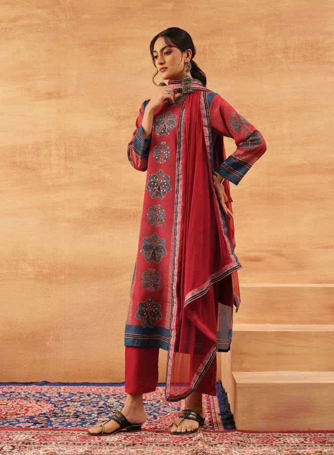 ISHIN Women's Red Chinon Printed Tunic Top With Ankle Palazzo Straight 3 Peice Kurta Set