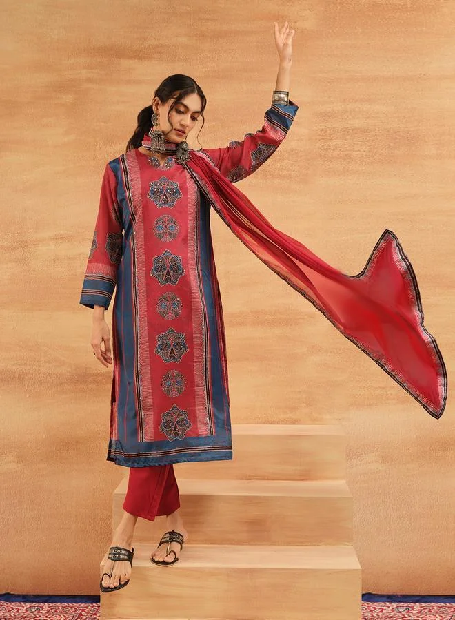 ISHIN Women's Red Chinon Printed Tunic Top With Ankle Palazzo Straight 3 Peice Kurta Set