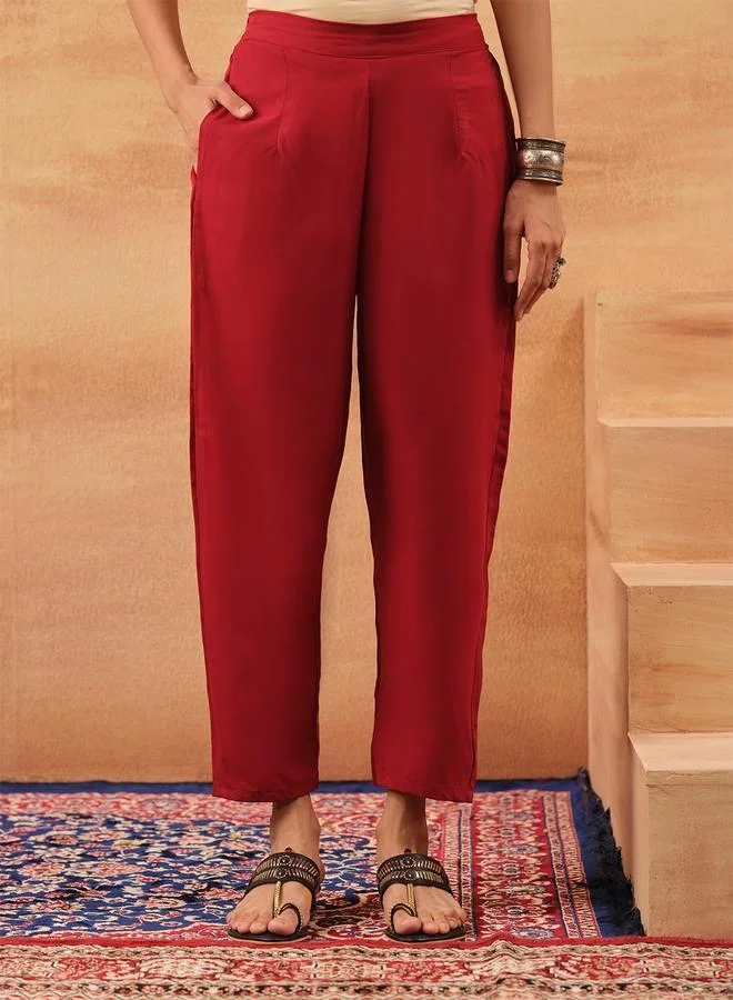 ISHIN Women's Red Chinon Printed Tunic Top With Ankle Palazzo Straight 3 Peice Kurta Set