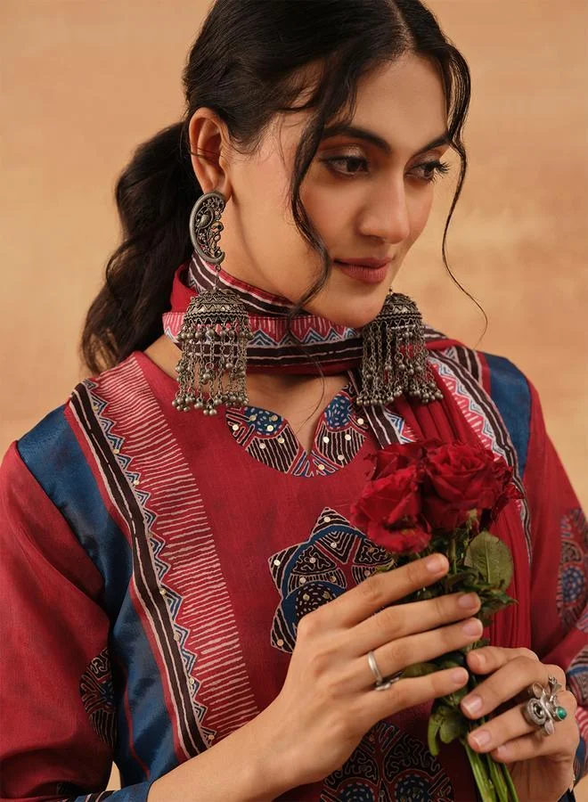 ISHIN Women's Red Chinon Printed Tunic Top With Ankle Palazzo Straight 3 Peice Kurta Set