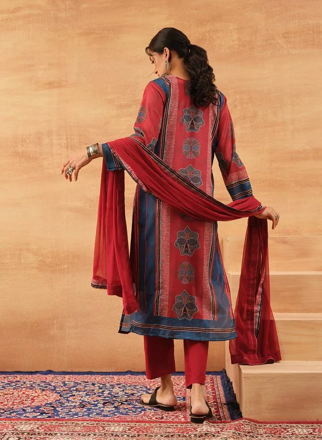 ISHIN Women's Red Chinon Printed Tunic Top With Ankle Palazzo Straight 3 Peice Kurta Set