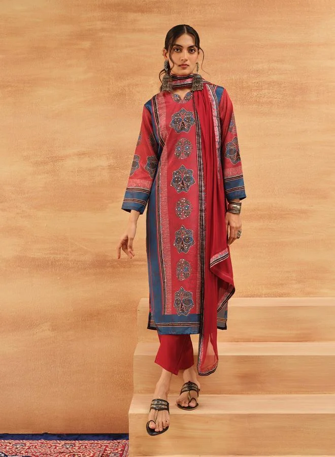 ISHIN Women's Red Chinon Printed Tunic Top With Ankle Palazzo Straight 3 Peice Kurta Set