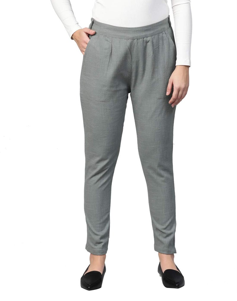 Yash Gallery Women's Pluse Size Solid Cotton Slub Mid Rise Ankle Length Trouser Pant (Grey, 3XL) | Fit Type: Regular Fit - Image 1