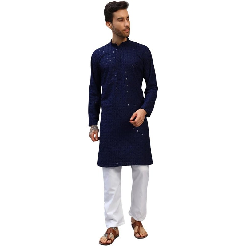 Mens Chikankari Kurta Pajama Set Premium Cotton Ivory Gold Sequins Embroidery, Regular Fit for Wedding Festive Occasions - Image 1