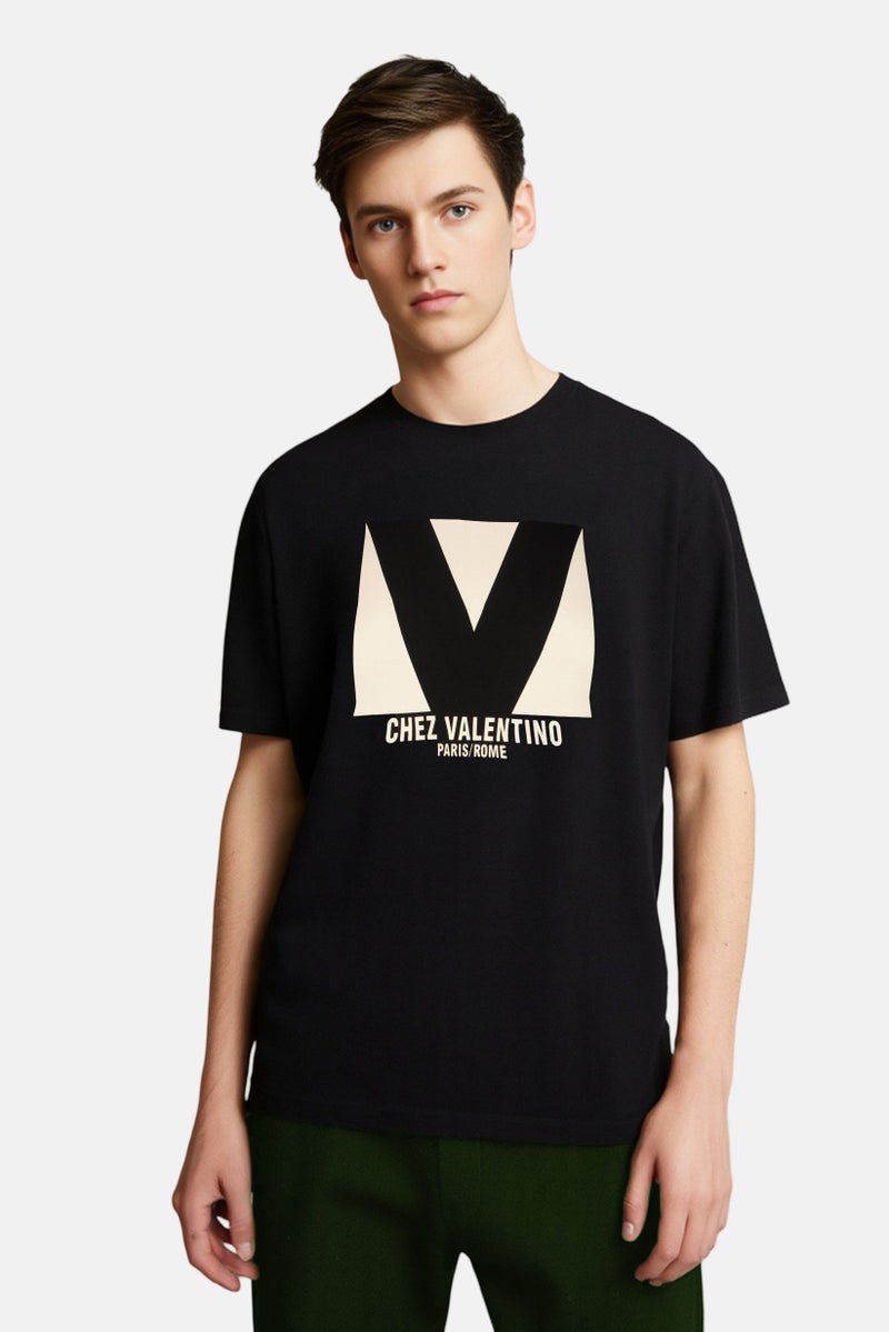 VALENTINO Men Crew Neck Short Sleeve Graphic Print T-Shirt, Black - Image 1