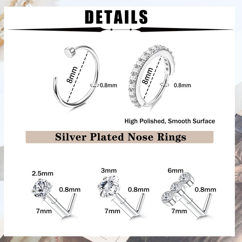 Besteel Nose Ring Studs 20G Nose Rings Hoops Stud 316L Stainless Steel Nose Rings Round CZ Heart Simulated Diamond L Shaped Nose Stud Hypoallergenic Nostril Piercing Jewelry for Women Men 10Pcsï¼ˆsteel color) - Image 3