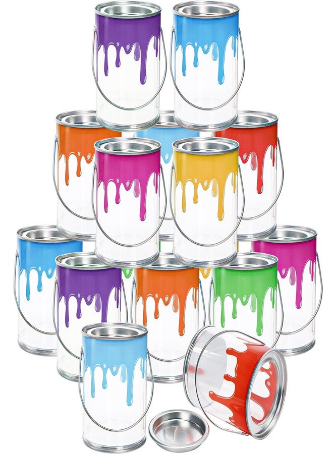WUWEOT 16 Pack Mini Clear Paint Cans, 1/2 Pint Plastic Empty Paint Buckets, 2.8" x 3.6" Party Favors Candy Containers, Art Paint Supplies with Metal Lids for Art Parties Weddings Birthdays Picnics - Image 1