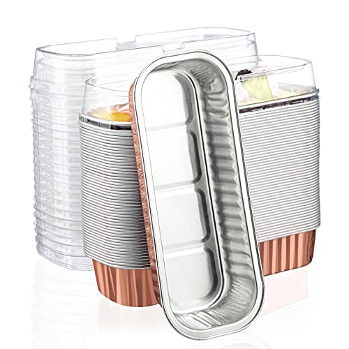 EUSOAR Disposable Aluminum Baking Cups 50pcs 68oz 65x25x12 Foil Mini Loaf Cake Pans with LidsRectangle Cupcake Cups Containers Ramekins Dessert Cheesecake Creme Brulee PanRose Gold