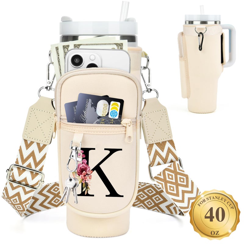 LOKASS Personalized Water Bottle Holder with Strap for Stanley Cup Accessories 40 oz Tumbler, Initial Water Bottle Carrier Bag/Phone Pocket, Mother's Day/Birthday Gifts for Women/Girls - Image 1