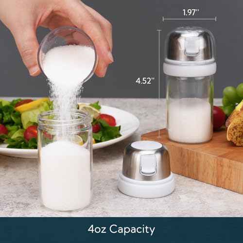 KITCHENDAO KTCHENDAO 2 in 1 Glass Salt Shaker with Side Pour Spout, Built-in Lid to Slow Down Dampness with Mearsuring Marks, Elegant Borosilicate Glass Salt Dispenser for Kitchen, BPA Free, 4oz (White) - Image 5
