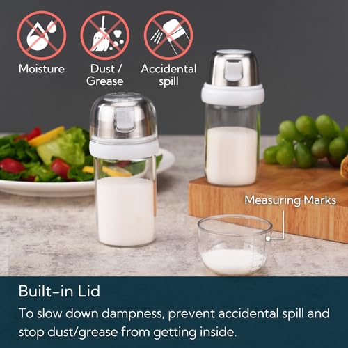 KITCHENDAO KTCHENDAO 2 in 1 Glass Salt Shaker with Side Pour Spout, Built-in Lid to Slow Down Dampness with Mearsuring Marks, Elegant Borosilicate Glass Salt Dispenser for Kitchen, BPA Free, 4oz (White) - Image 3