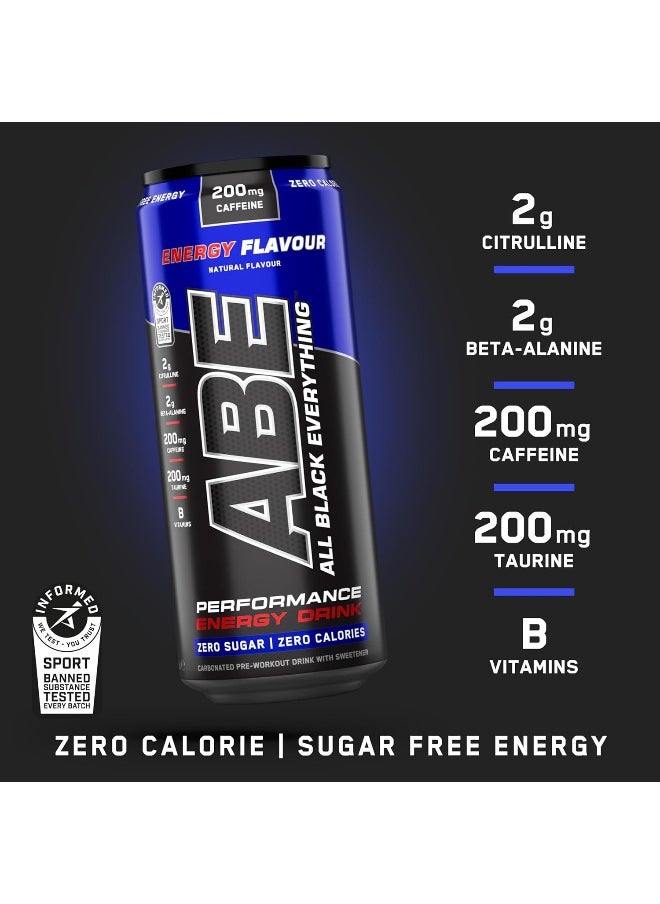 Applied Nutrition - Applied Nutrition ABE Pre Workout Cans - All Black Everything Energy + Performance Drink, ABE Carbonated Beverage Sugar Free with Caffeine (Pack of 12 Cans x 330ml) (Energy Flavor) - Image 1