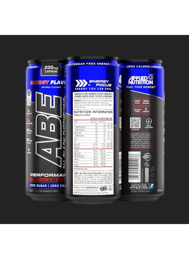 Applied Nutrition - Applied Nutrition ABE Pre Workout Cans - All Black Everything Energy + Performance Drink, ABE Carbonated Beverage Sugar Free with Caffeine (Pack of 12 Cans x 330ml) (Energy Flavor) - Image 1