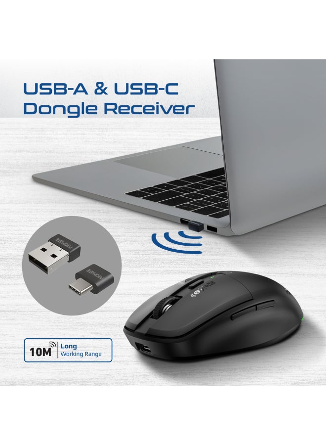 PROMATE Flixi Triple Mode Wireless Mouse with Bluetooth 5.1, Dual 2.4GHz USB-A & USB-C Dongles, 800/1200/1600 DPI, Silent Clicks, 500mAh Battery, 7-Color LED, Type-C Charging, 10m Range black - Image 4