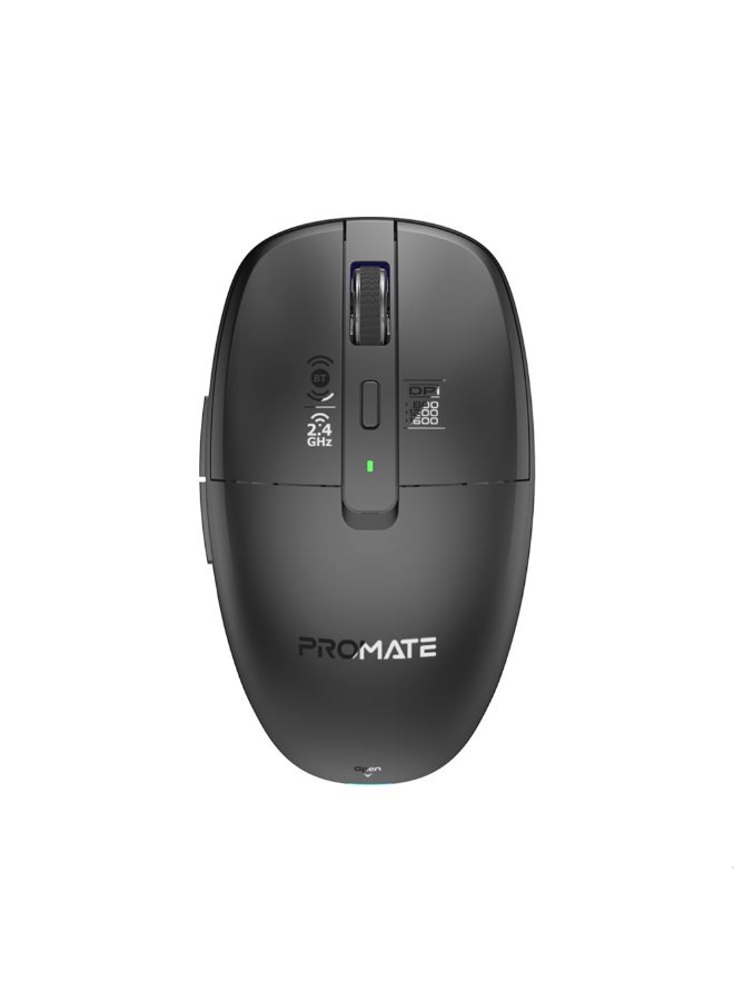 PROMATE Flixi Triple Mode Wireless Mouse with Bluetooth 5.1, Dual 2.4GHz USB-A & USB-C Dongles, 800/1200/1600 DPI, Silent Clicks, 500mAh Battery, 7-Color LED, Type-C Charging, 10m Range black - Image 1