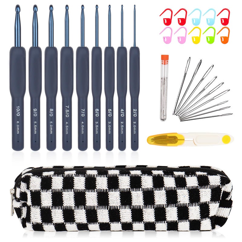 Aeelike 31pcs Crochet Hook Set, Classic Navy Crochet Needles Ergonomic with Grips for Arthritic Hands, Crocheting Kit with Knitting Supplies & Black White Case, Ideal Gift for Hand Beginner Lover - Image 1