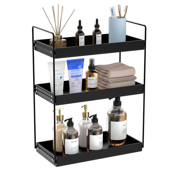 BATHROOM COUNTERTOP ORGANIZER 3 TIER METAL VANITY COUNTER SKINCARE SHELF MATTE BLACK UNDER SINK STANDING RACK WITH ACRYLIC TRAY HOME STORAGE HOLDER FOR LOTION MAKEUP COSMETICS PERFUME SPICE