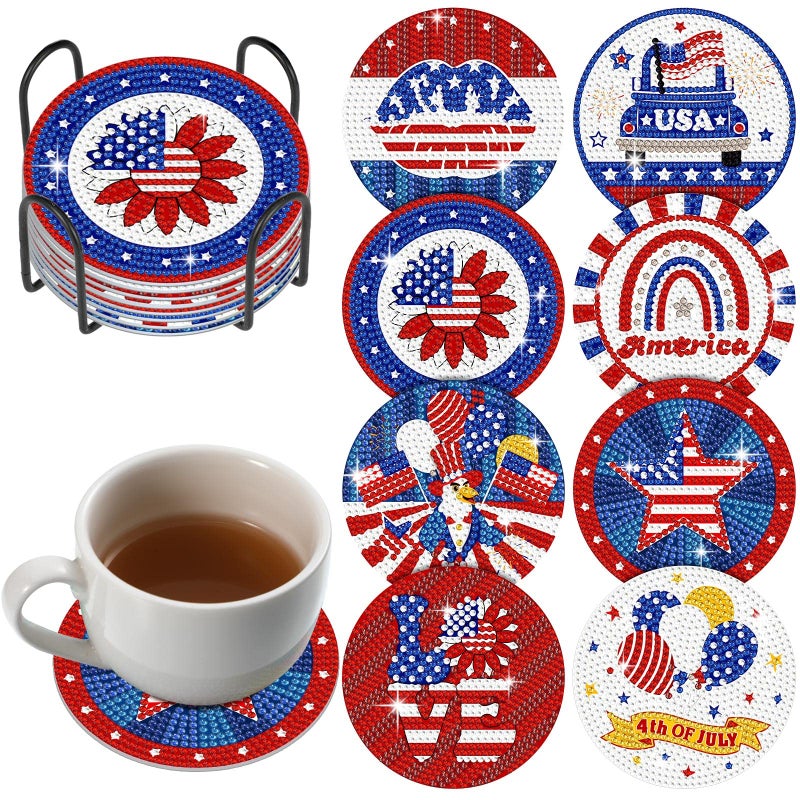 Shellwei 8 Pcs 4th of July Patriotic Diamond Art Coasters Kit Red Blue White Memorial Day Star Diamond Painting Coasters with Holder American Independence Day Art Kit for Adults Kids Craft Decor