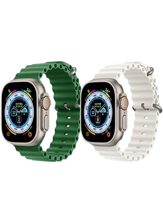 IAF Silicone Ocean Band Strap for Apple Watch Ultra 8 49mm Green Single Color Strap with White Single Color Strap Set of 2