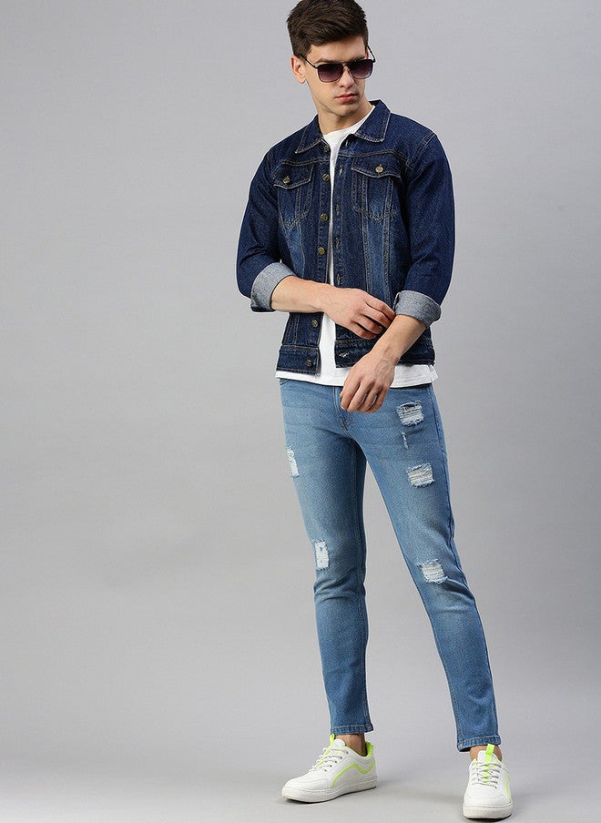 Kaali Peeli Washed Spread Collar Outdoor Denim Jacket - Image 4