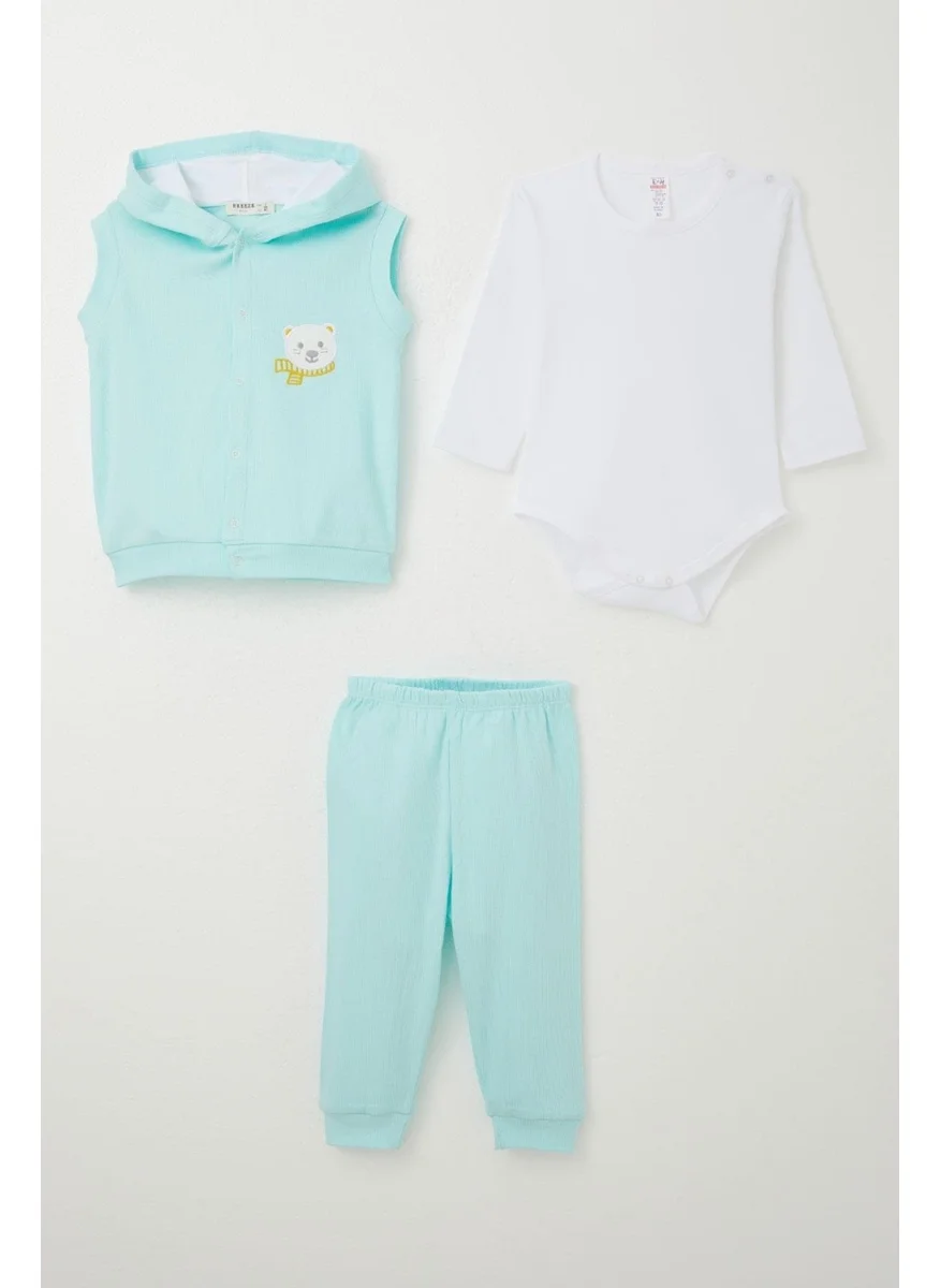 بريز Baby Boy Bodysuit 3-Piece Set Cute Bear Embroidered Hooded 4 Months-1 Years, Light Blue