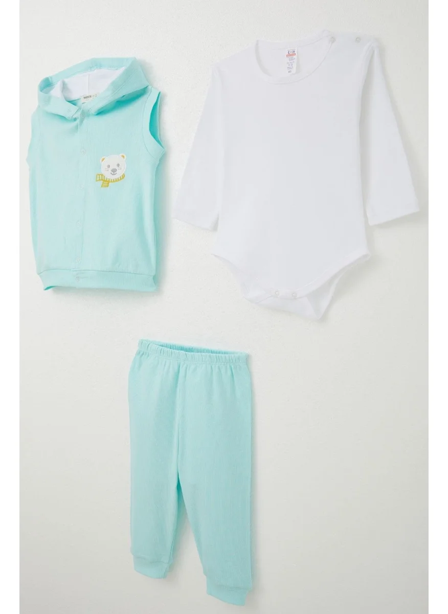 بريز Baby Boy Bodysuit 3-Piece Set Cute Bear Embroidered Hooded 4 Months-1 Years, Light Blue