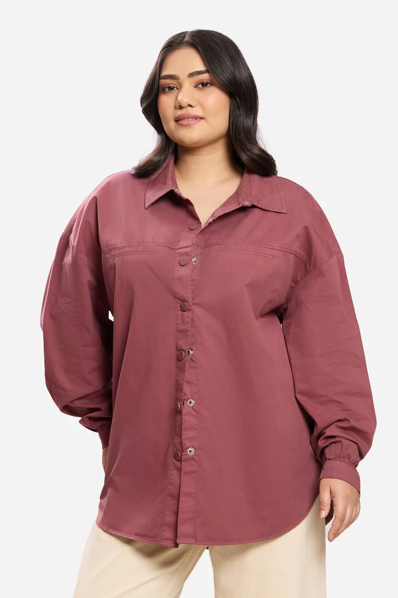 فيرجيو Solid Cotton Washed Utility Plus Size Shirt for Women