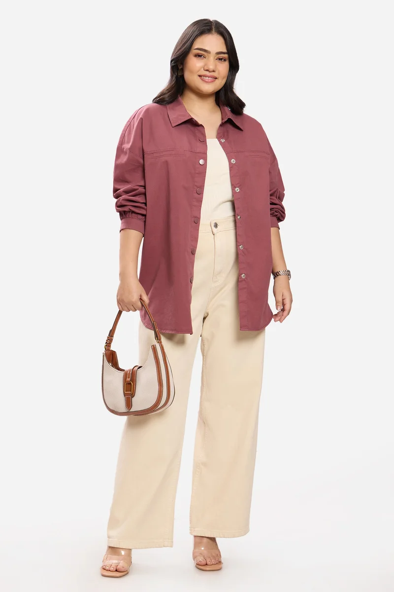 فيرجيو Solid Cotton Washed Utility Plus Size Shirt for Women