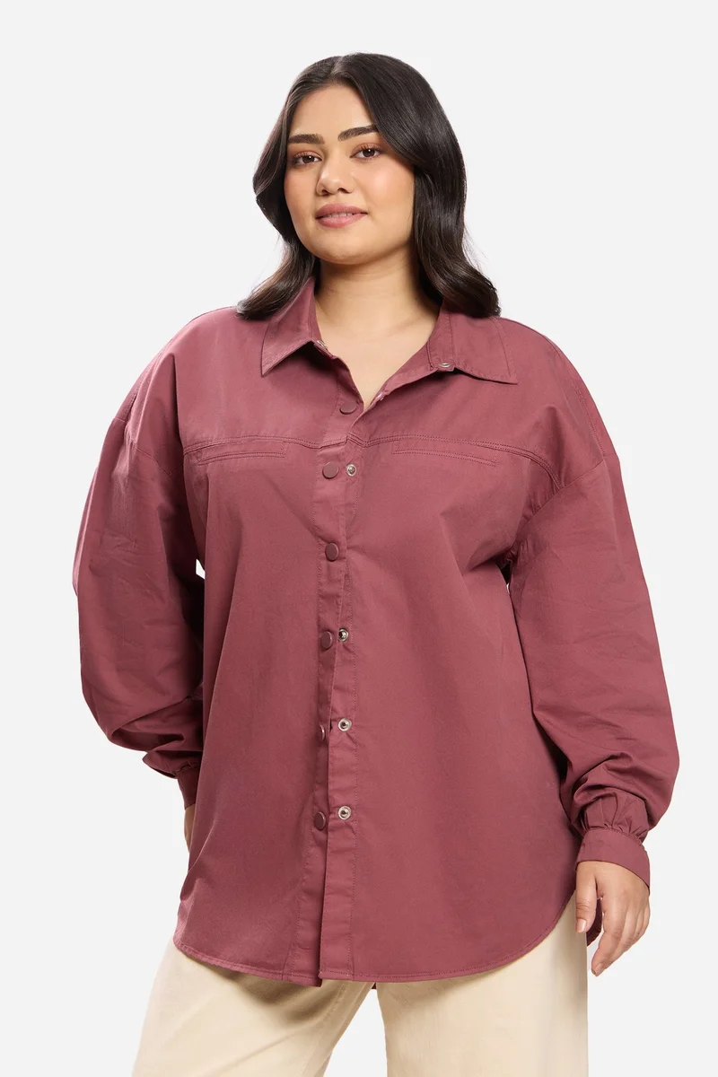 فيرجيو Solid Cotton Washed Utility Plus Size Shirt for Women