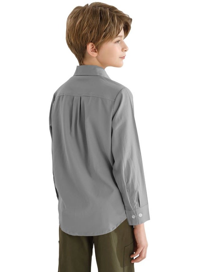 QBK Boys' 2T-16Y Long Sleeve Button Down Shirt for Kids Woven Solid Two Pockets Wrinkle-Resistant, Gray, 14-16 Years - Image 2
