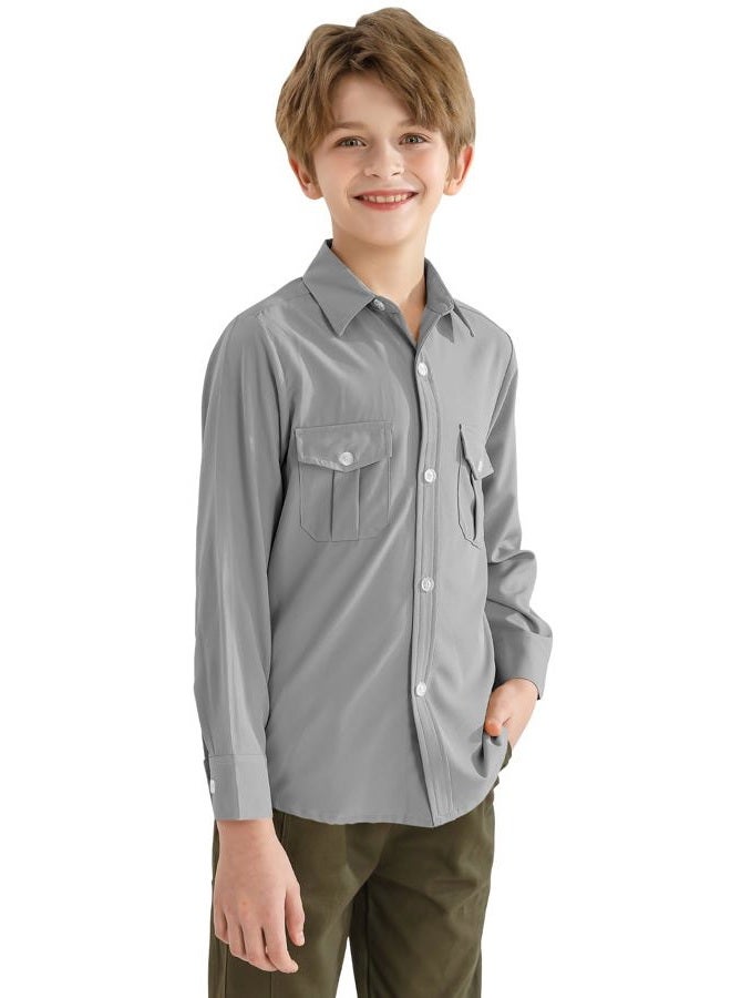 QBK Boys' 2T-16Y Long Sleeve Button Down Shirt for Kids Woven Solid Two Pockets Wrinkle-Resistant, Gray, 14-16 Years - Image 1