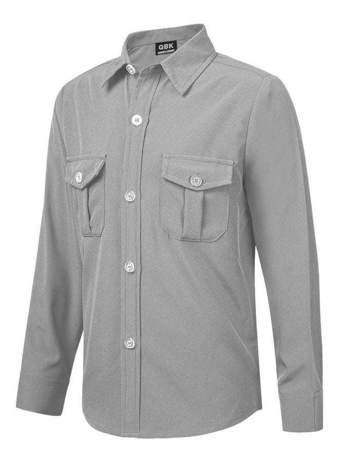 QBK Boys' 2T-16Y Long Sleeve Button Down Shirt for Kids Woven Solid Two Pockets Wrinkle-Resistant, Gray, 14-16 Years - Image 5