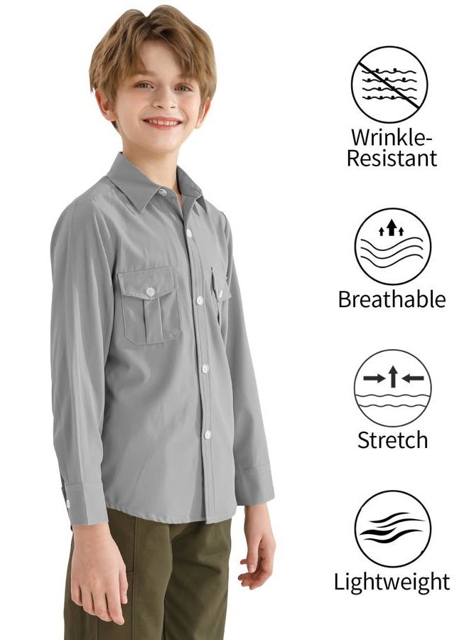 QBK Boys' 2T-16Y Long Sleeve Button Down Shirt for Kids Woven Solid Two Pockets Wrinkle-Resistant, Gray, 14-16 Years - Image 4