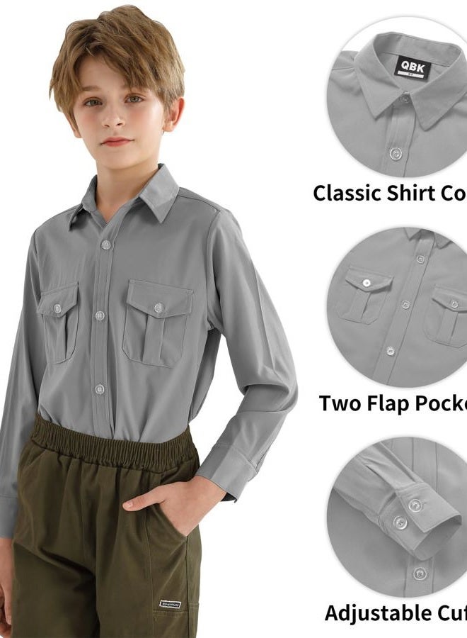 QBK Boys' 2T-16Y Long Sleeve Button Down Shirt for Kids Woven Solid Two Pockets Wrinkle-Resistant, Gray, 14-16 Years - Image 3