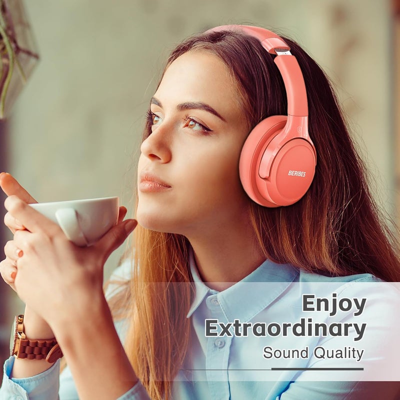 BERIBES Bluetooth Headphones Over Ear,BERIBES 65H Playtime and 6 EQ Music Modes Wireless Headset with Microphone,HiFi Stereo Foldable Lightweight, Deep Bass for Home Office Outdoors Etc(Orange Red) - Image 4