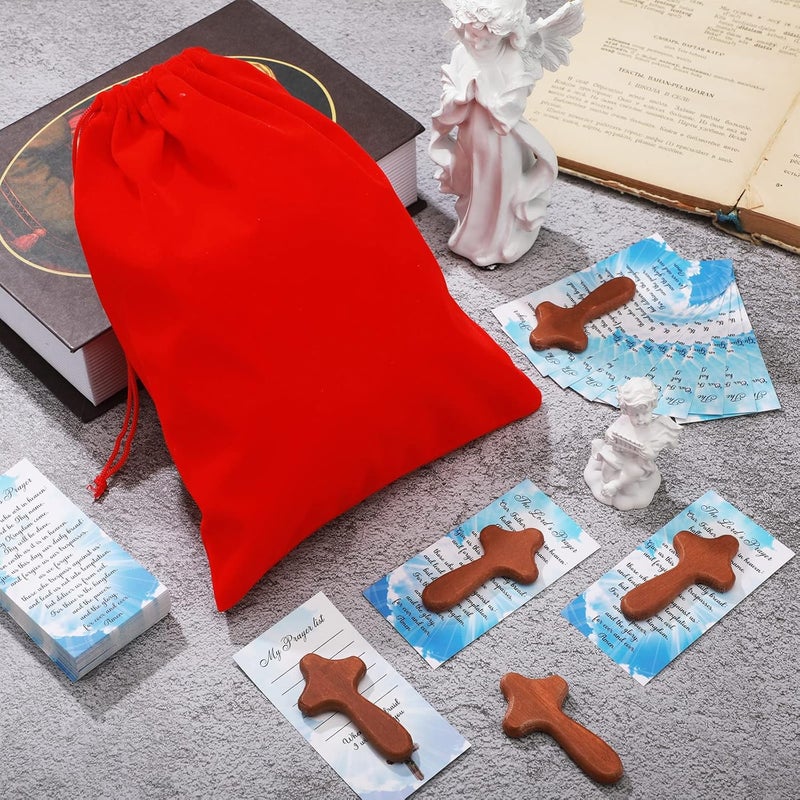 Marsui 201 Pcs Mini Pocket Crosses Small Wooden Cross Holding Hand Jesus Crosses Set with 100 Pcs Prayer Request Cards 100 Pcs Pocket Cross 1 Giant Red Velvet Bag for Church Easter Jesus Religious Gift  - Image 4