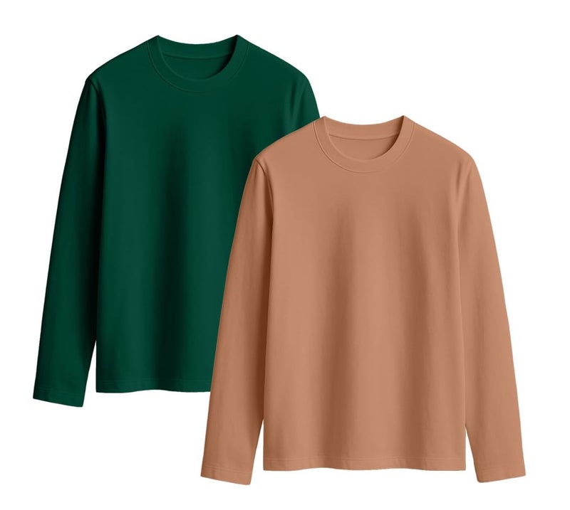 JUNEBERRY® Cotton Round Neck Regular Fit Solid Core Full Sleeve T-Shirt Combo for Women & Girls (Pack of 2) (PO2_JB_FS_GR_CR_S) - Image 1
