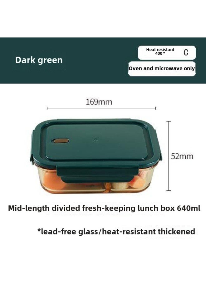 Glass Lunch Box Office Workers With Rice Lunch Box Microwave Heating Fresh-keeping Box Heat-resistant Round Soup Bowl With Lid Wholesale-Specifications:Friendly City Yaodark Green Cap-medium Length Square 640ml Divided Germanium  - Image 1