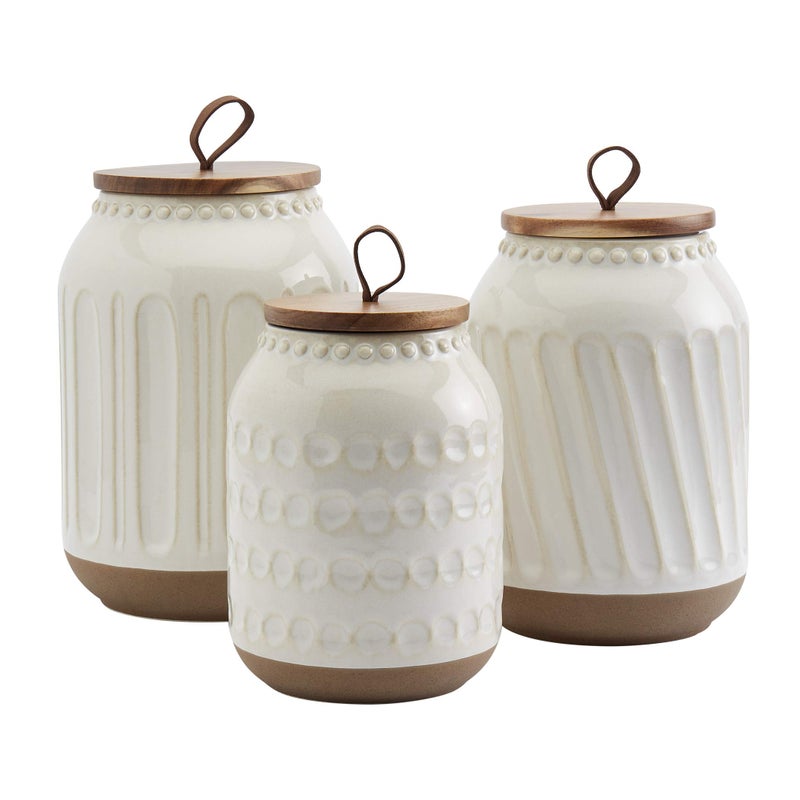 TTU Tabletops Gallery Ceramic Canister Collection Stoneware Designed Kitchen Storage Embossed Acacia Wood White Set 3 Piece Embossed Ziggy White Canister Set