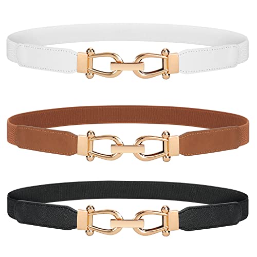 JASGOOD 3 Pack Women Stretchy Waist Belt Retro Elastic Skinny Belt for Ladies with Gold Buckle - Image 1