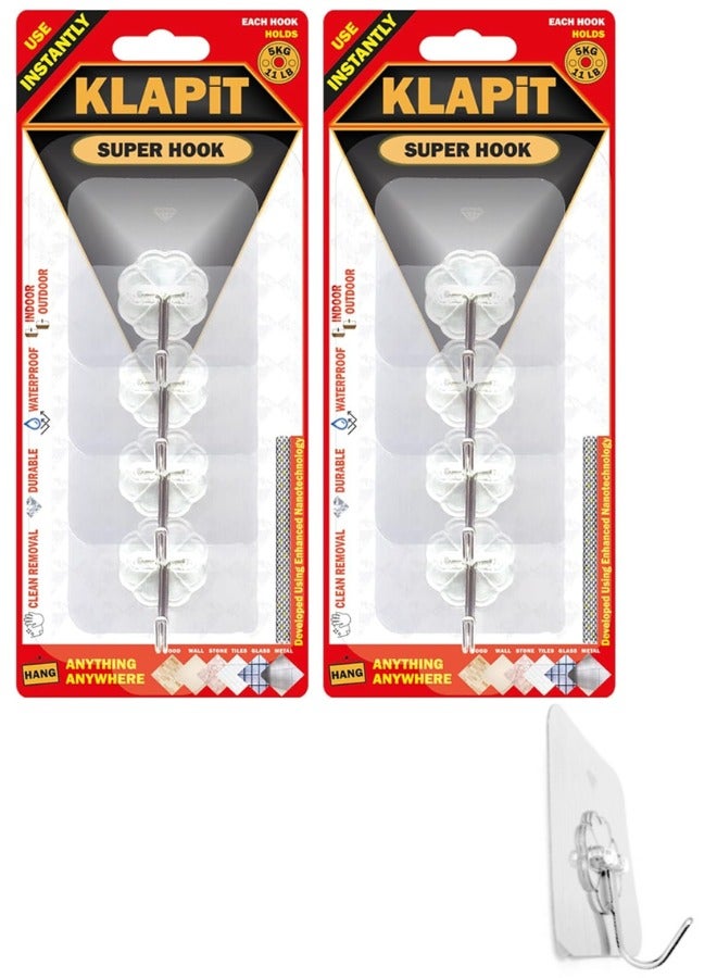 KLAPiT KLAPiT Super Hook Heavy Duty Adhesive, Holds 11 Pounds or 5Kg Weight, Waterproof and Damage Free for Wall, Tile, Wood, Stone, Glass, Metal, Made of Steel (Clear, 8 pc)  - Image 1