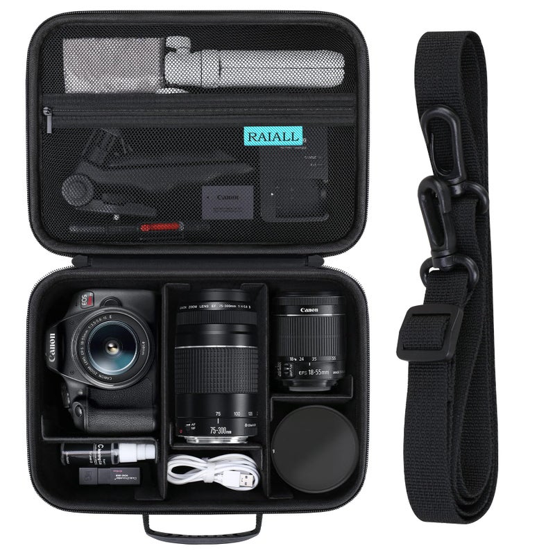 RAIALL حقيبة كاميرا RAIALL لكاميرا كانون EOS Rebel T7/R50/R50V/R100/R6 Mark II/R5/R8/R10/RP/R7/سوني/نيكون D7500 DSLR، عدسة، حامل ثلاثي، حقيبة سفر واقية صلبة مع حزام كتف و5 فواصل، سوداء - Image 1