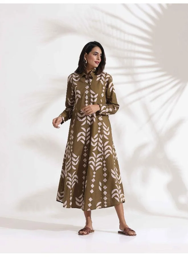 ترو برونز trueBrowns Olive Green Cotton Print Shirt Dress