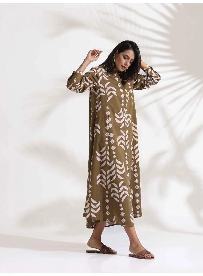 ترو برونز trueBrowns Olive Green Cotton Print Shirt Dress