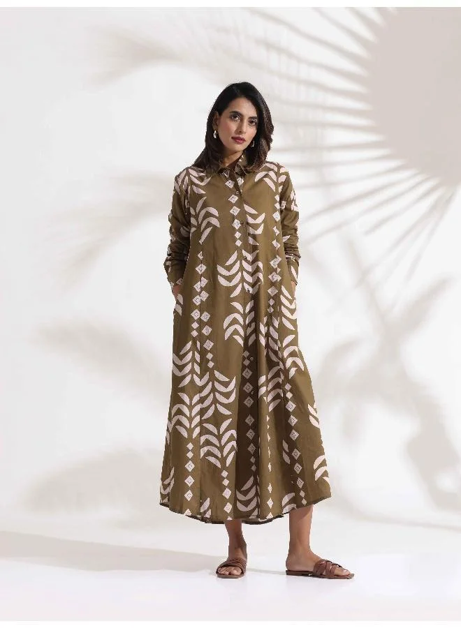 ترو برونز trueBrowns Olive Green Cotton Print Shirt Dress