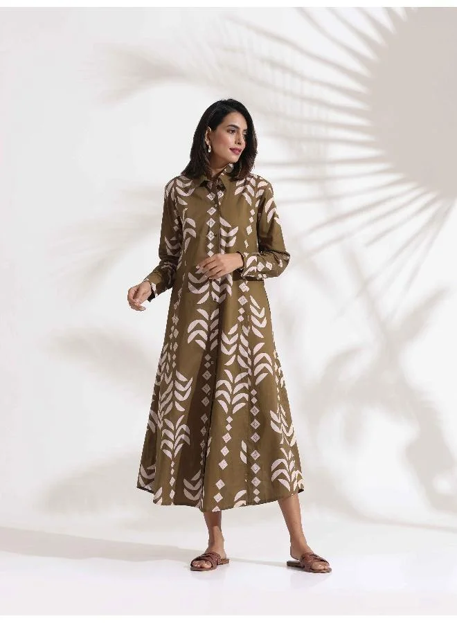 ترو برونز trueBrowns Olive Green Cotton Print Shirt Dress