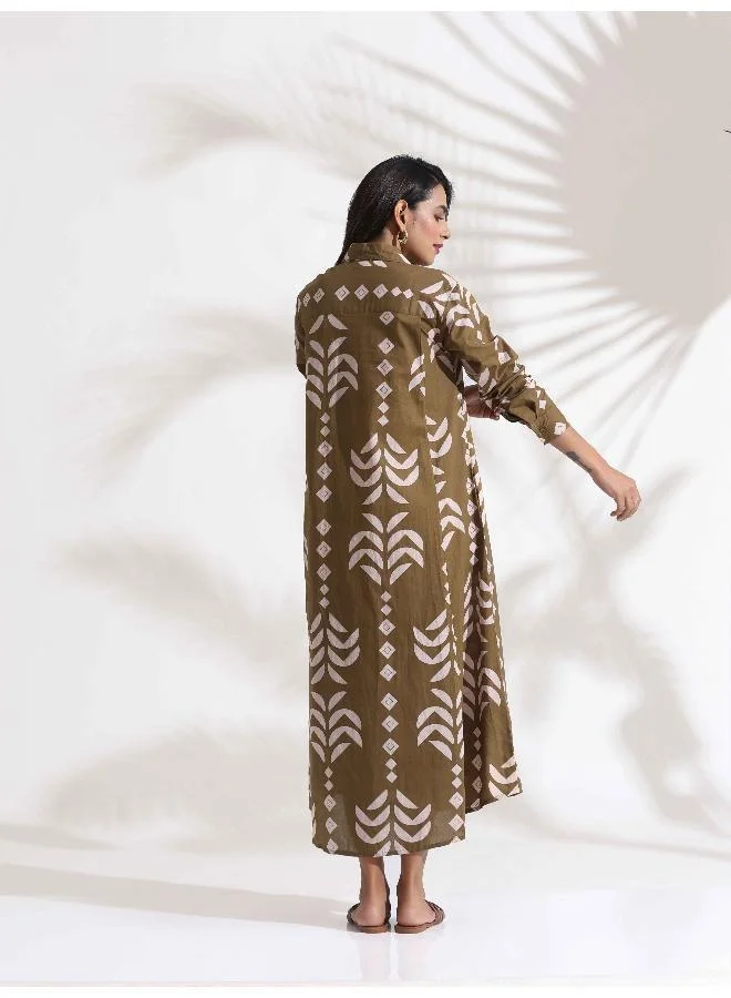 ترو برونز trueBrowns Olive Green Cotton Print Shirt Dress