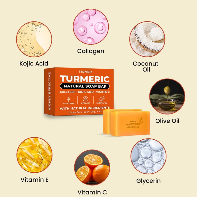 MONIER Turmeric Soap Bar for Dark Spots With Kojic Acid Collagen Coconut Oil Vitamin C Vitamin E Moisturizing Nourishing Vegan Natural 2 Soap Bars Storage Net - Image 5