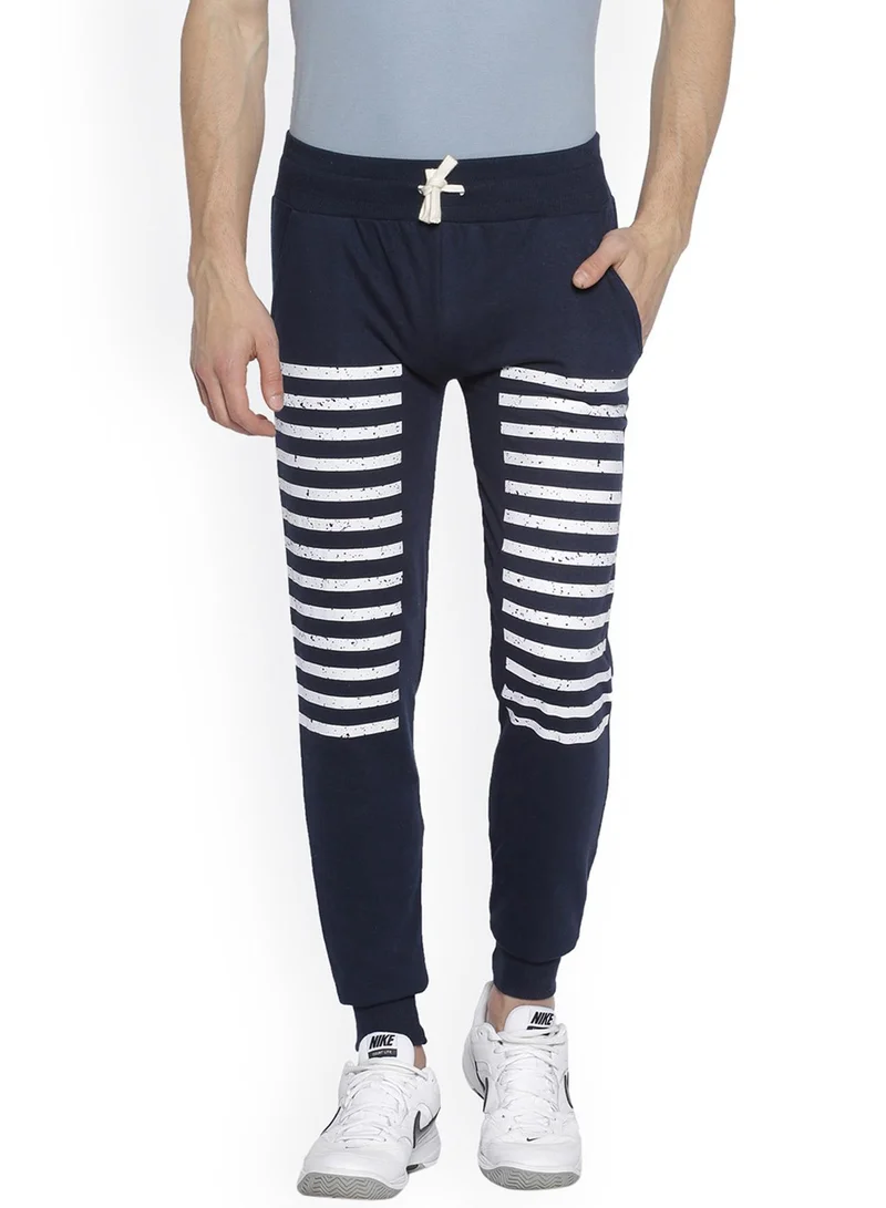Campus Sutra Men's Navy Blue Block Striped-Print Trackpants